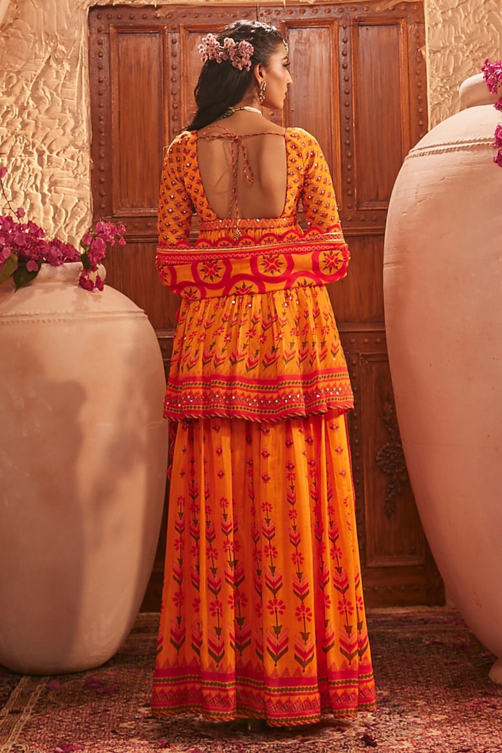 Pink & Yellow Silk Hand Embroidered Wedding Sharara Set by The Royaleum Atelier at Pernia's Pop Up Shop