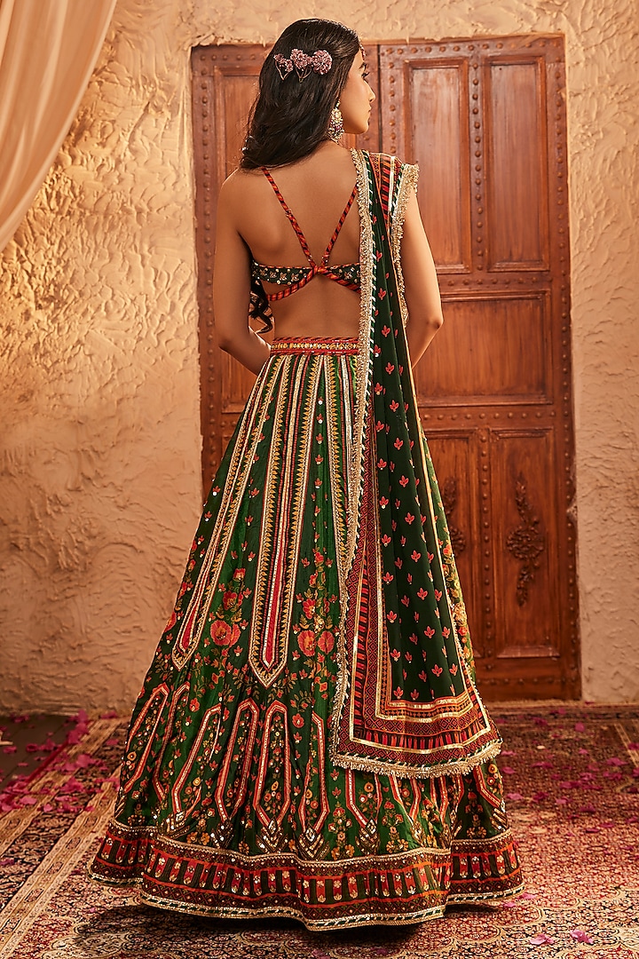 Green Silk Mirror Embellished Wedding Lehenga Set by The Royaleum Atelier at Pernia's Pop Up Shop