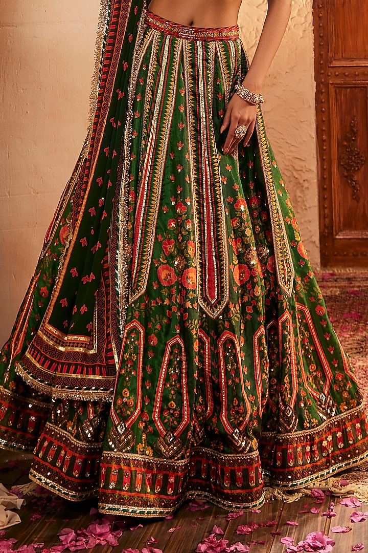 Green Silk Mirror Embellished Wedding Lehenga Set by The Royaleum Atelier at Pernia's Pop Up Shop