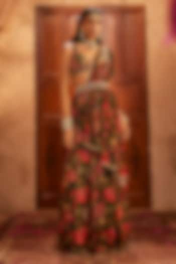 Multi-Colored Silk Floral Printed & Embroidered Draped Wedding Saree Set by The Royaleum Atelier at Pernia's Pop Up Shop