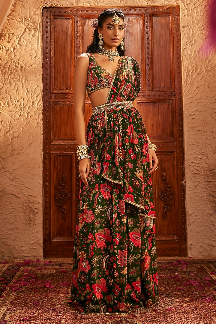 Multi-Colored Silk Floral Printed & Embroidered Draped Wedding Saree Set by The Royaleum Atelier at Pernia's Pop Up Shop