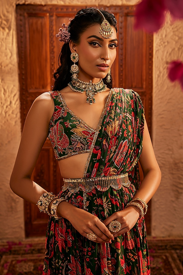 Multi-Colored Silk Floral Printed & Embroidered Draped Wedding Saree Set by The Royaleum Atelier at Pernia's Pop Up Shop