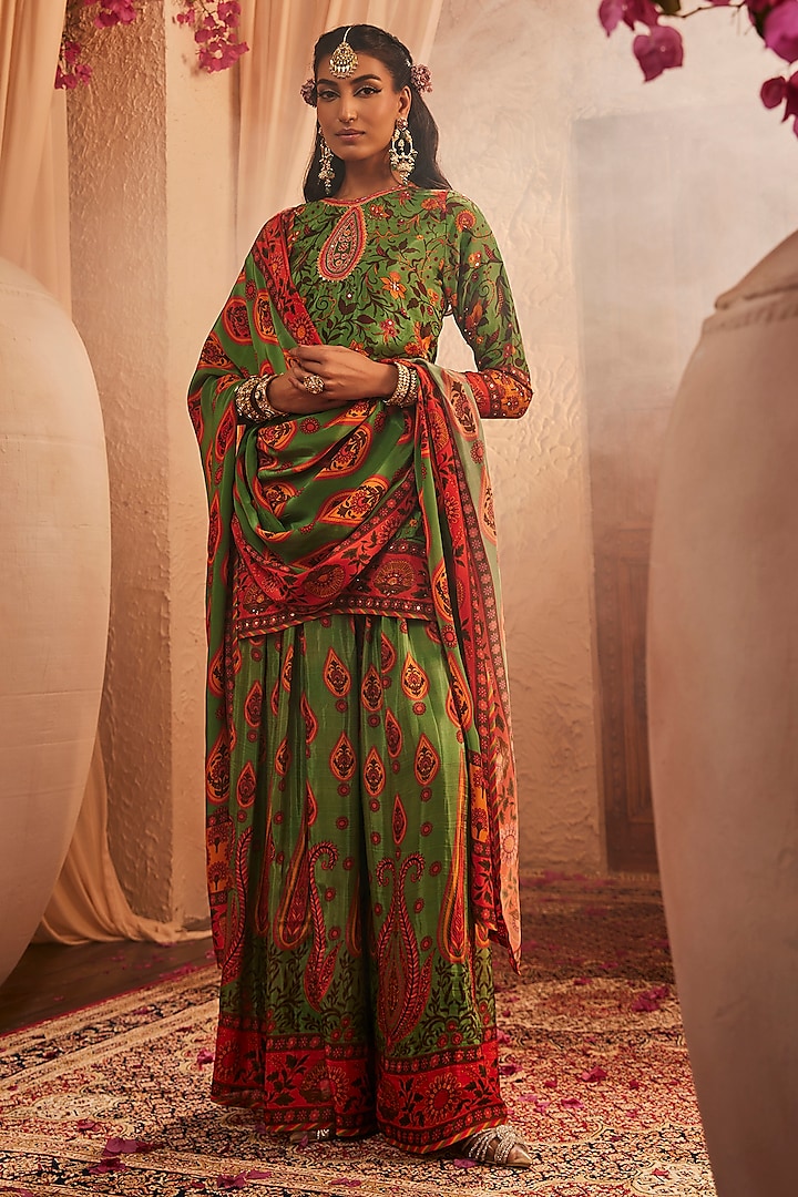 Green Silk Paisley Printed Party Wear Sharara Set by The Royaleum Atelier at Pernia's Pop Up Shop