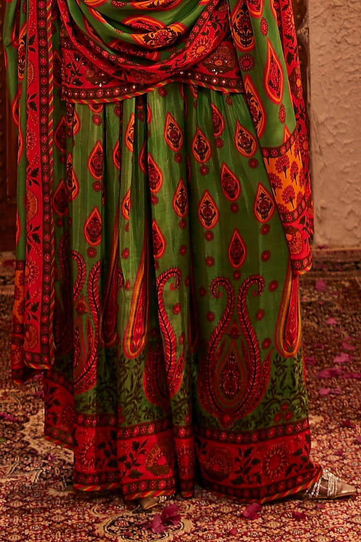 Green Silk Paisley Printed Wedding Sharara Set by The Royaleum Atelier at Pernia's Pop Up Shop
