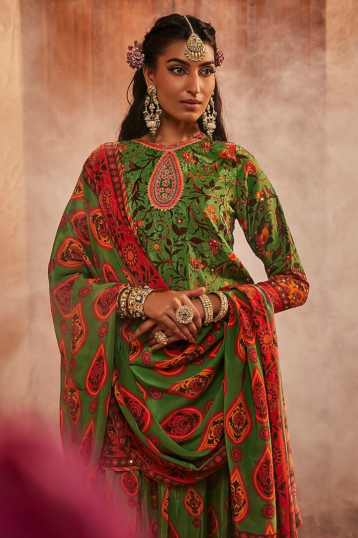 Green Silk Paisley Printed Wedding Sharara Set by The Royaleum Atelier at Pernia's Pop Up Shop