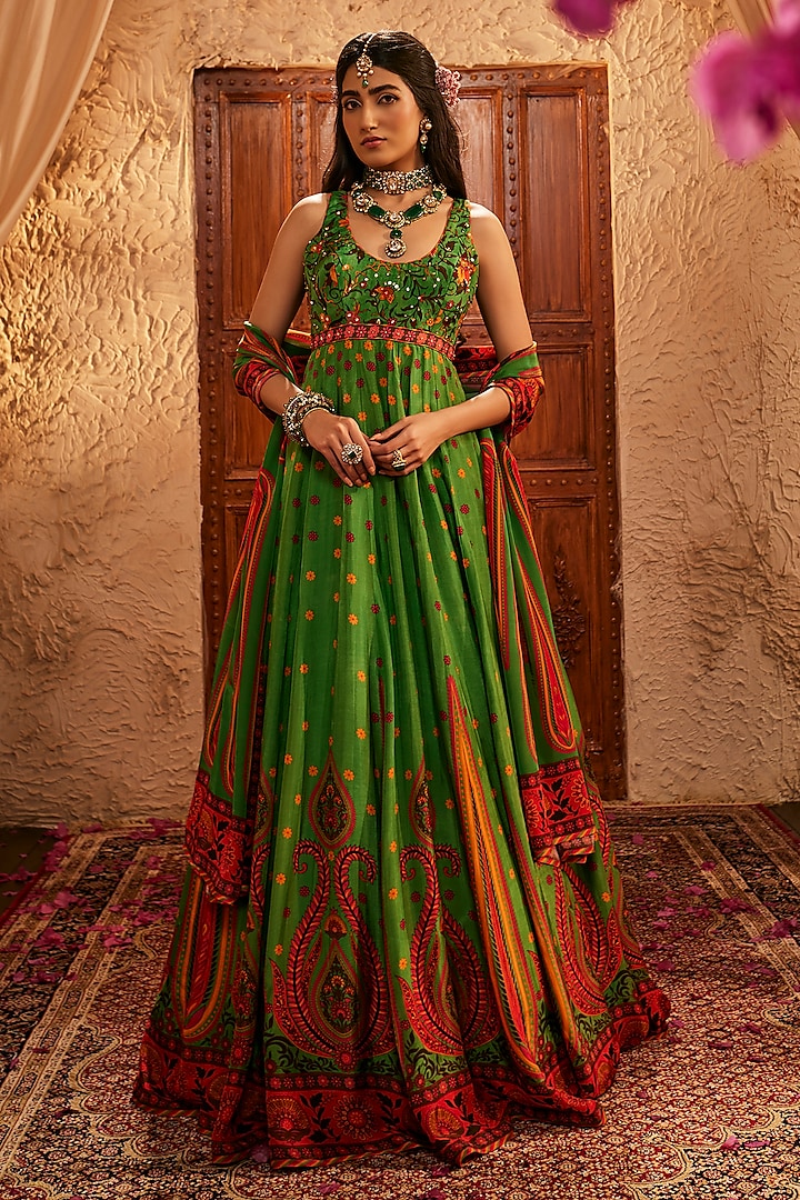 Green Silk Mirror Embellished & Printed Wedding Anarkali Set by The Royaleum Atelier at Pernia's Pop Up Shop