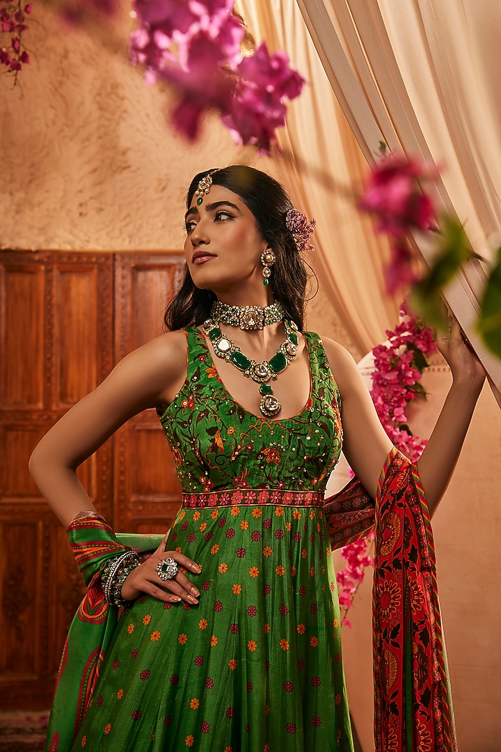 Green Silk Mirror Embellished & Printed Wedding Anarkali Set by The Royaleum Atelier at Pernia's Pop Up Shop