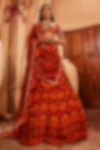 Red Silk Floral & Geometric Printed Wedding Lehenga Set by The Royaleum Atelier at Pernia's Pop Up Shop