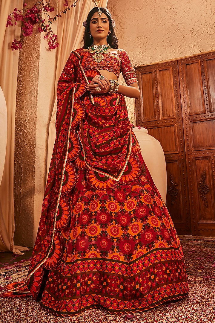 Red Silk Floral & Geometric Printed Wedding Lehenga Set by The Royaleum Atelier at Pernia's Pop Up Shop
