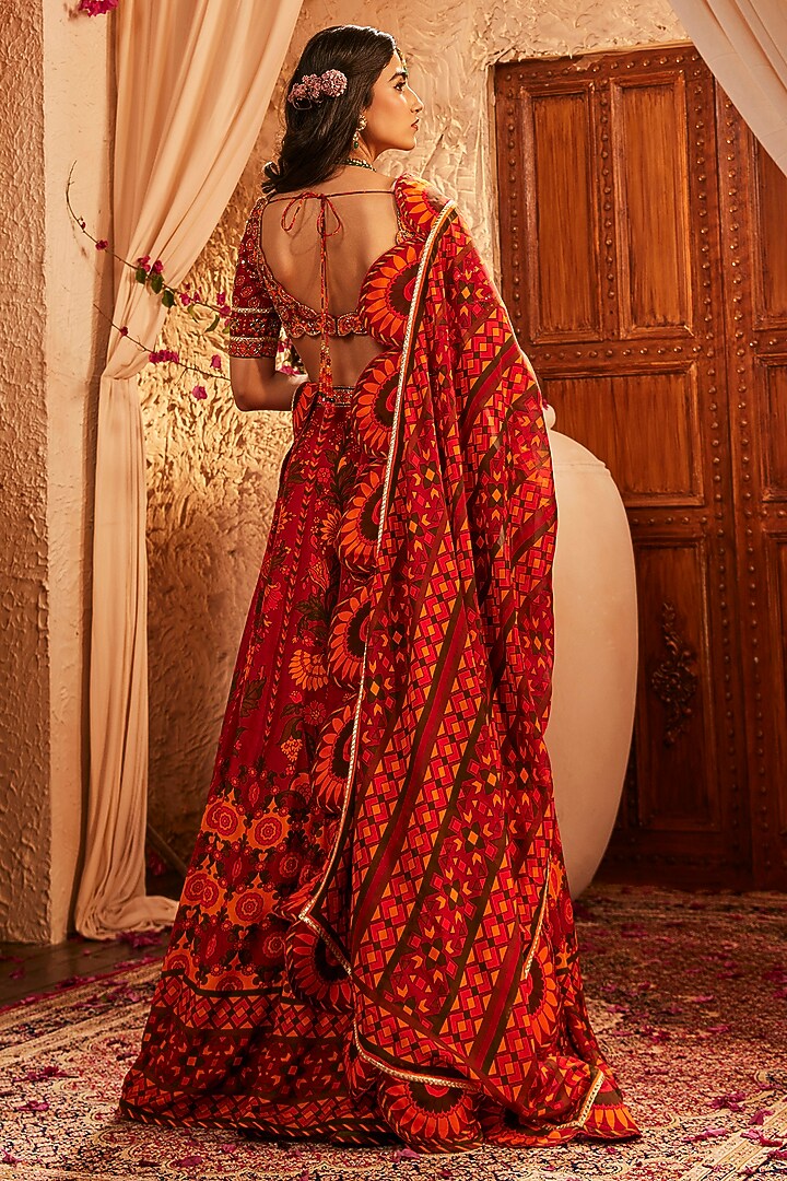 Red Silk Floral & Geometric Printed Wedding Lehenga Set by The Royaleum Atelier at Pernia's Pop Up Shop