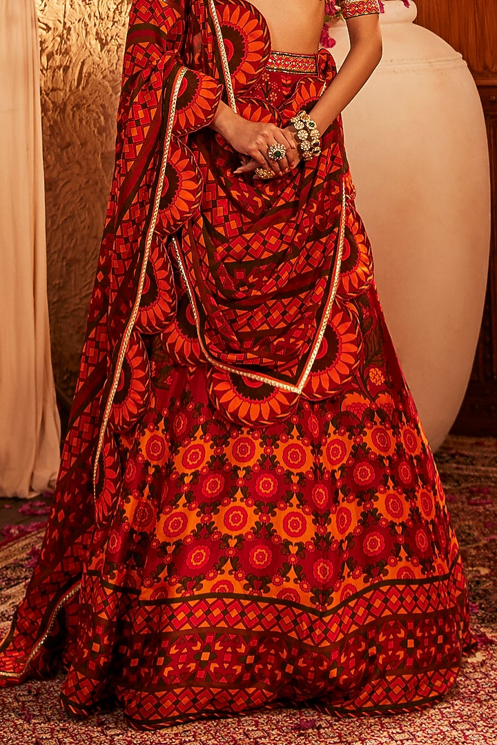 Red Silk Floral & Geometric Printed Wedding Lehenga Set by The Royaleum Atelier at Pernia's Pop Up Shop