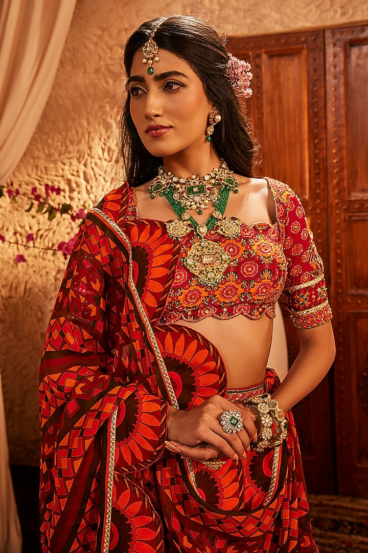 Red Silk Floral & Geometric Printed Wedding Lehenga Set by The Royaleum Atelier at Pernia's Pop Up Shop