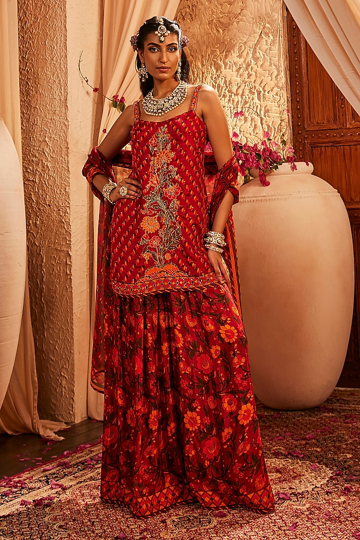 Red Silk Party Wear Sharara Set by The Royaleum Atelier at Pernia's Pop Up Shop