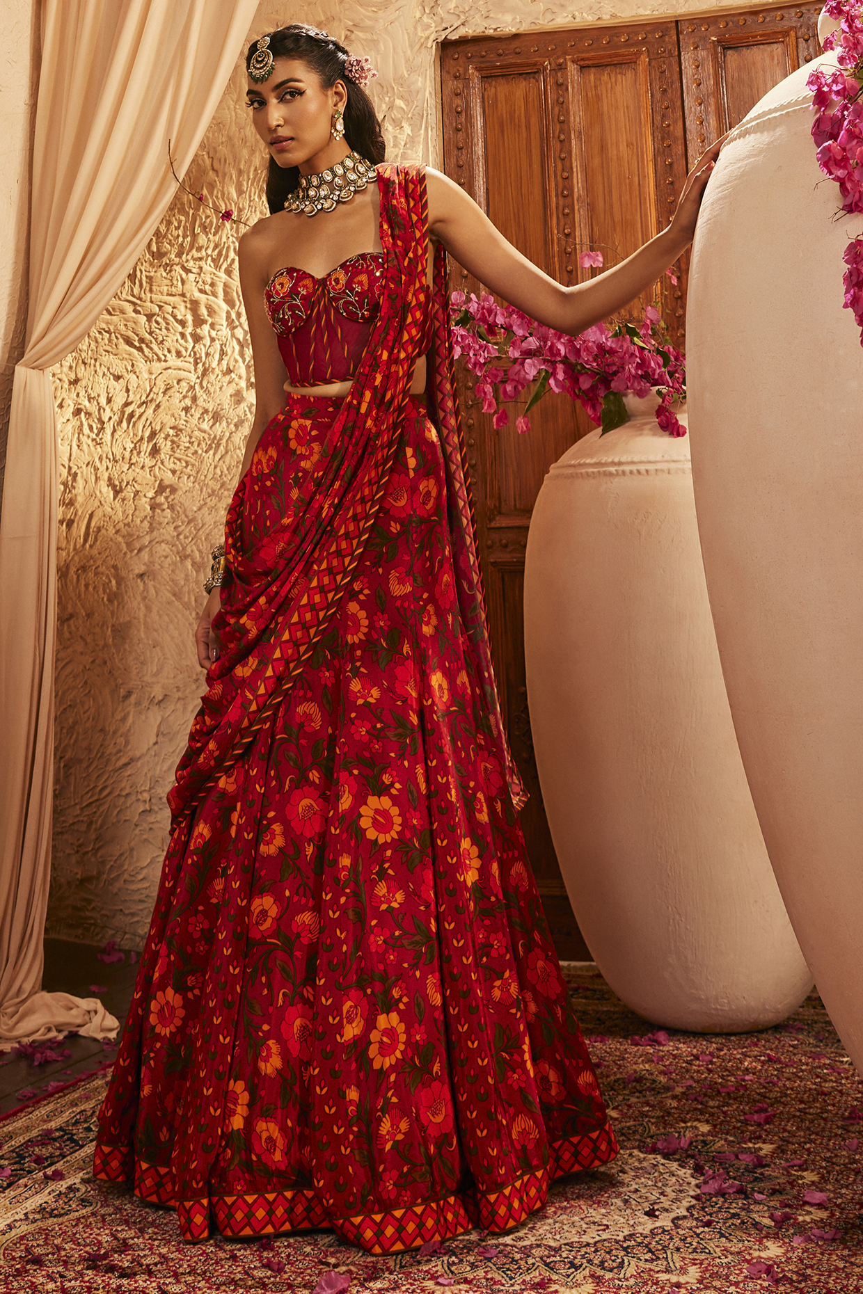 Red Silk Hand Embroidered Draped Wedding Saree Set by The Royaleum Atelier at Pernia's Pop Up Shop