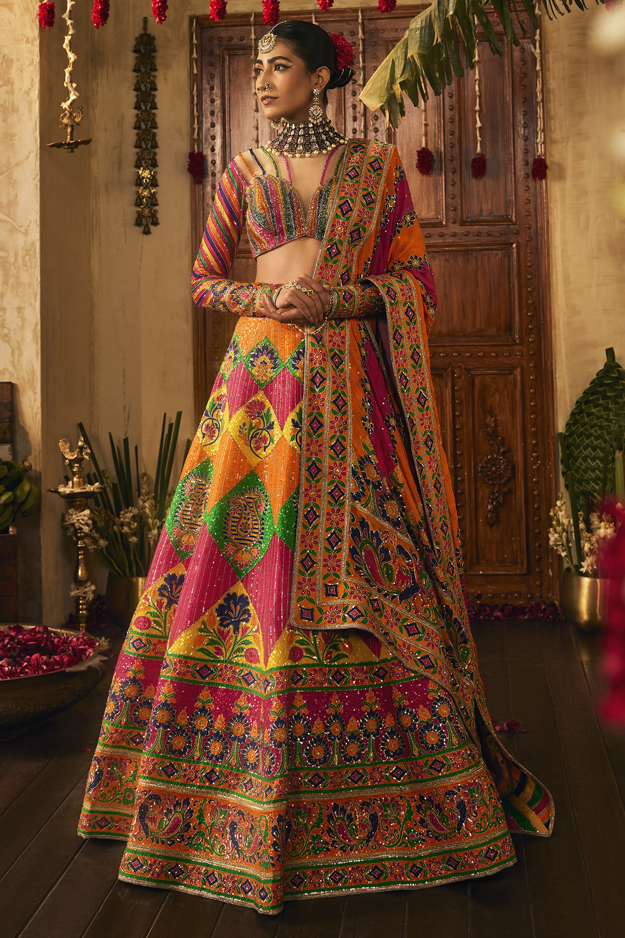 Multi-Colored Upada Printed & Hand Embroidered Bridal Lehenga Set by The Royaleum Atelier at Pernia's Pop Up Shop