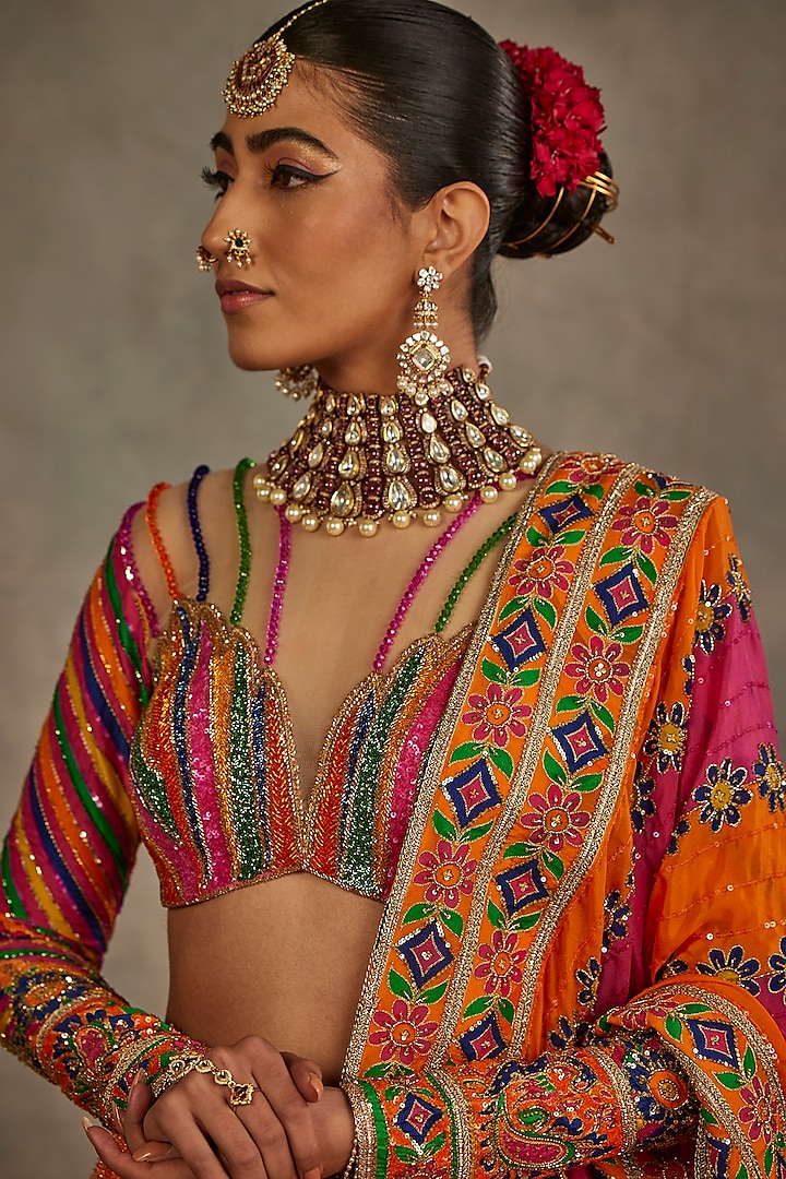 Multi-Colored Upada Printed & Hand Embroidered Bridal Lehenga Set by The Royaleum Atelier at Pernia's Pop Up Shop