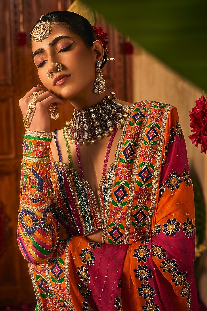 Multi-Colored Upada Printed & Hand Embroidered Bridal Lehenga Set by The Royaleum Atelier at Pernia's Pop Up Shop