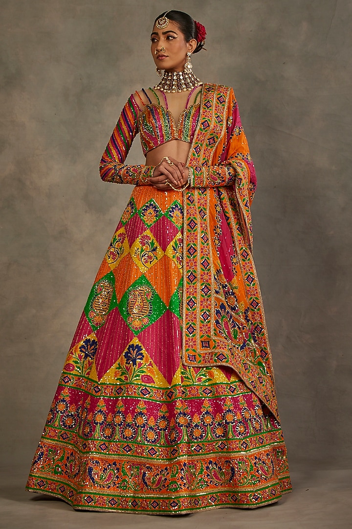 Multi-Colored Upada Printed & Hand Embroidered Bridal Lehenga Set by The Royaleum Atelier at Pernia's Pop Up Shop