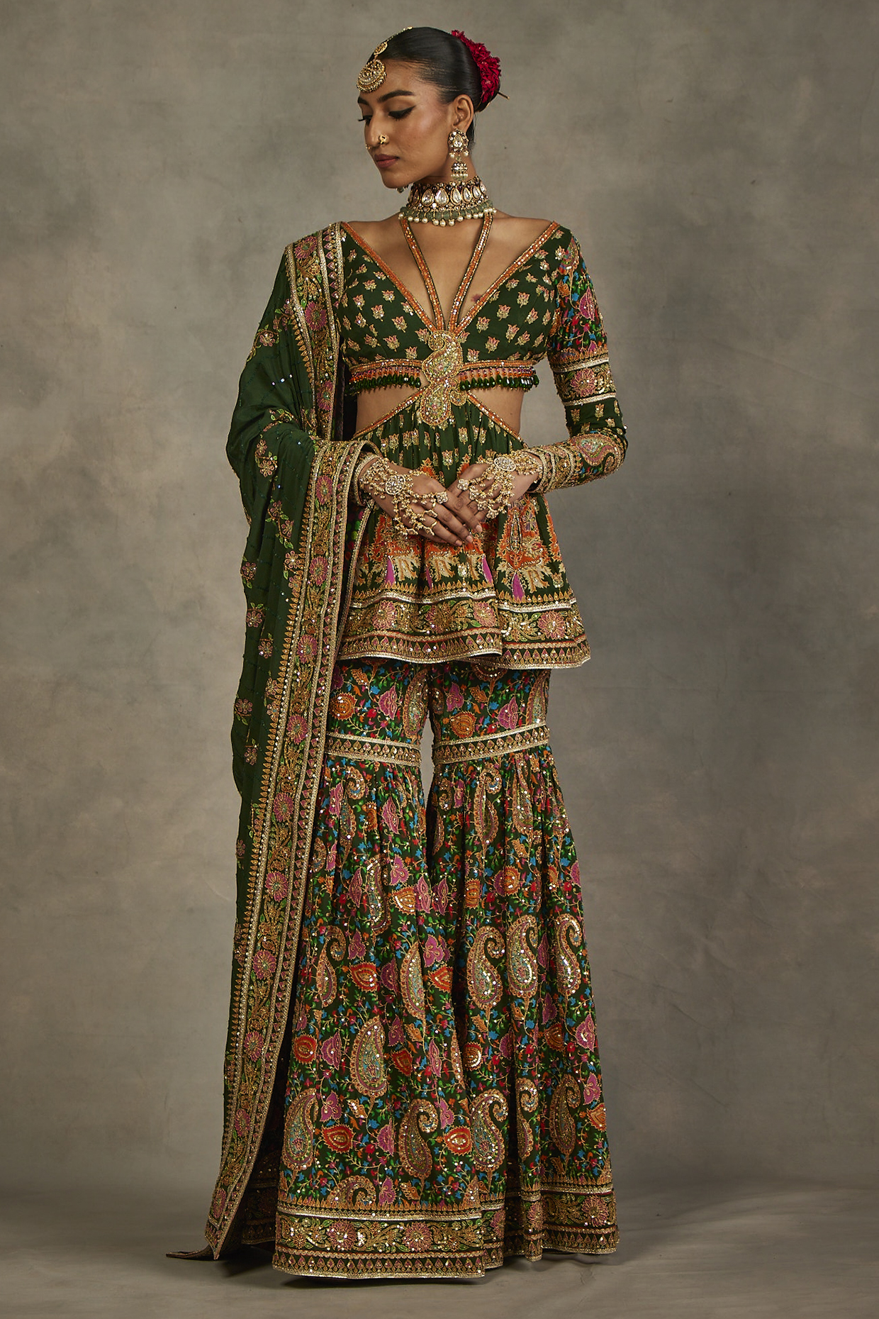 Green Silk Hand Embroidered Gharara Set by The Royaleum Atelier at Pernia's Pop Up Shop