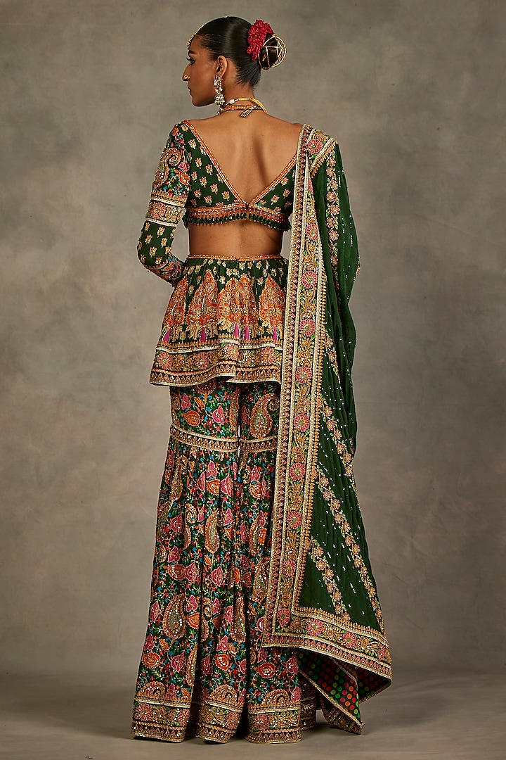 Green Silk Hand Embroidered Gharara Set by The Royaleum Atelier at Pernia's Pop Up Shop