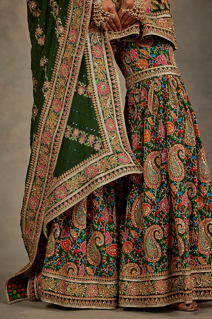 Green Silk Hand Embroidered Gharara Set by The Royaleum Atelier at Pernia's Pop Up Shop