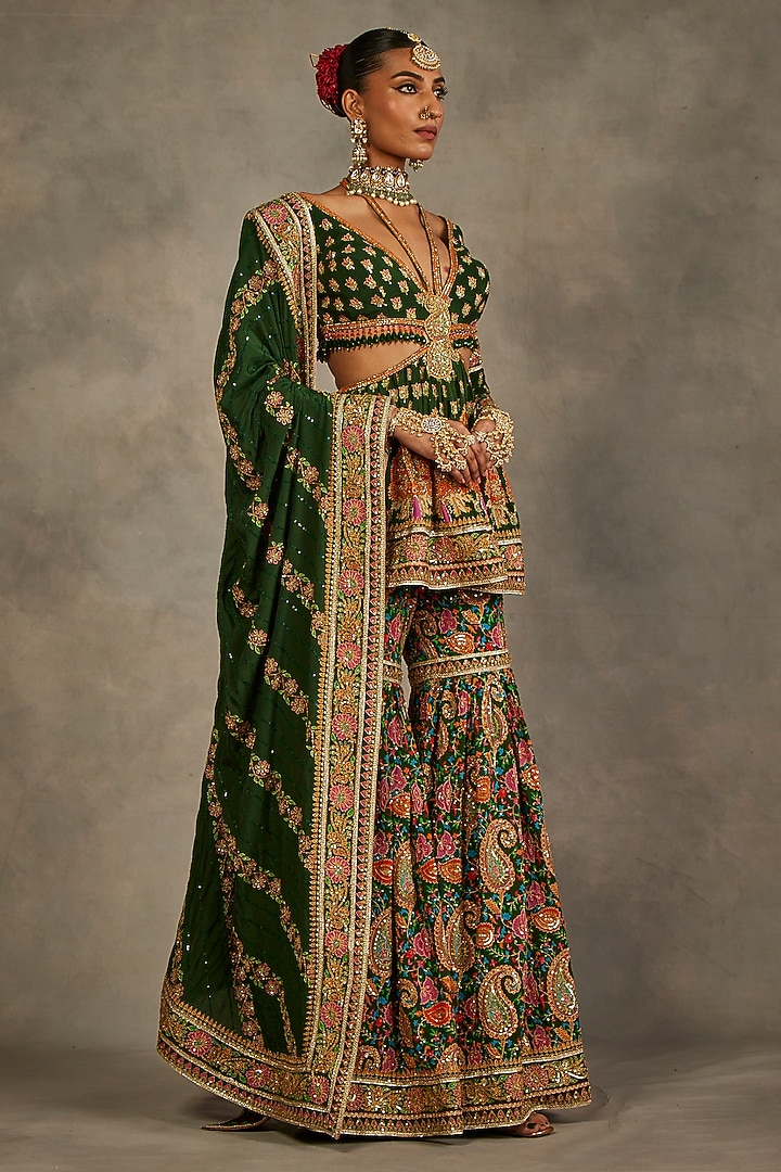 Green Silk Hand Embroidered Gharara Set by The Royaleum Atelier at Pernia's Pop Up Shop