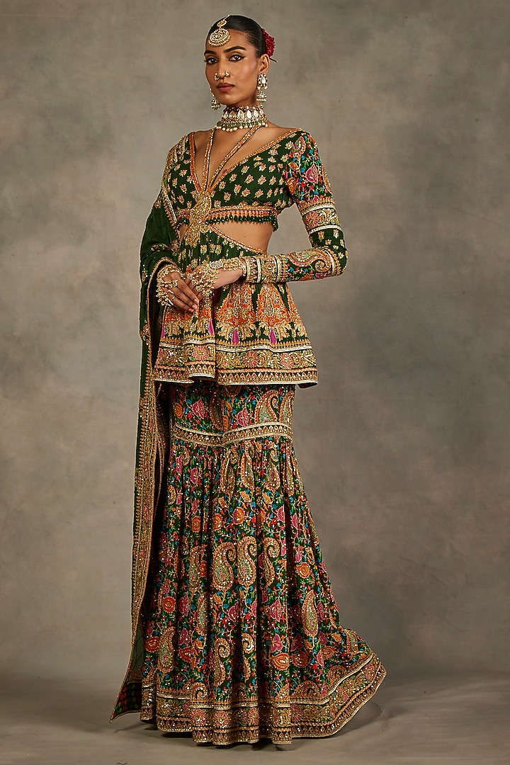 Green Silk Hand Embroidered Gharara Set by The Royaleum Atelier at Pernia's Pop Up Shop