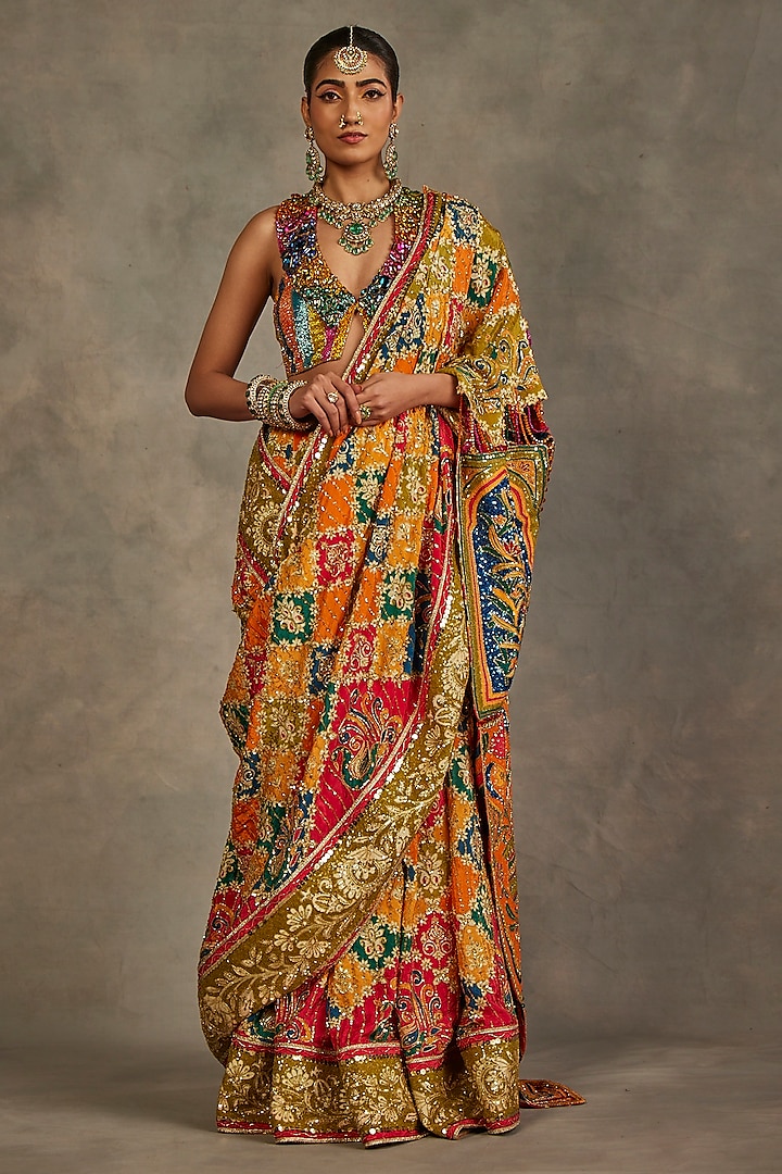 Multi-Colored Crepe Silk Sequins Hand Embroidered Reception Saree Set by The Royaleum Atelier at Pernia's Pop Up Shop