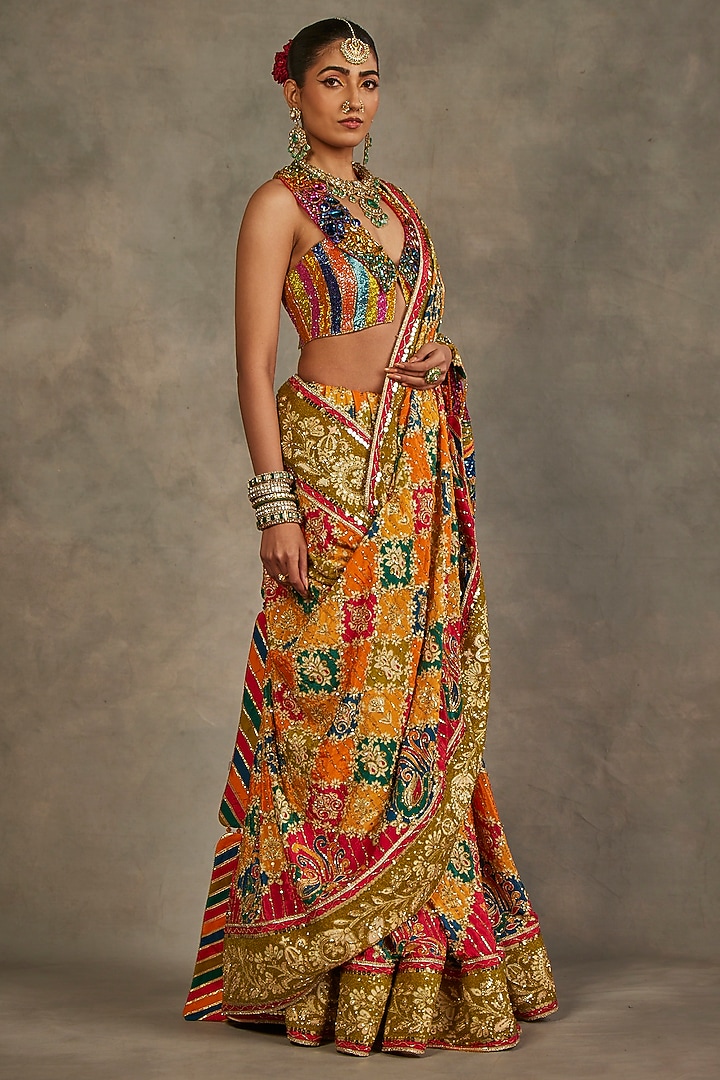 Multi-Colored Crepe Silk Sequins Hand Embroidered Bridal Saree Set by The Royaleum Atelier at Pernia's Pop Up Shop