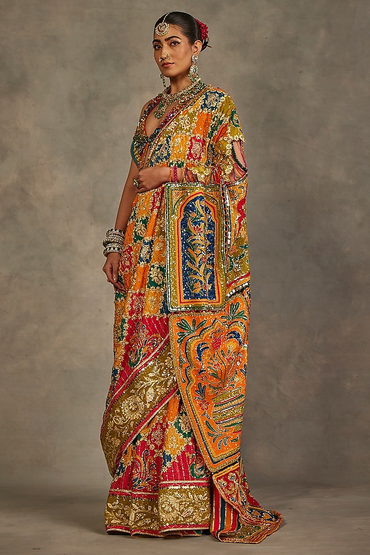 Multi-Colored Crepe Silk Sequins Hand Embroidered Bridal Saree Set by The Royaleum Atelier at Pernia's Pop Up Shop