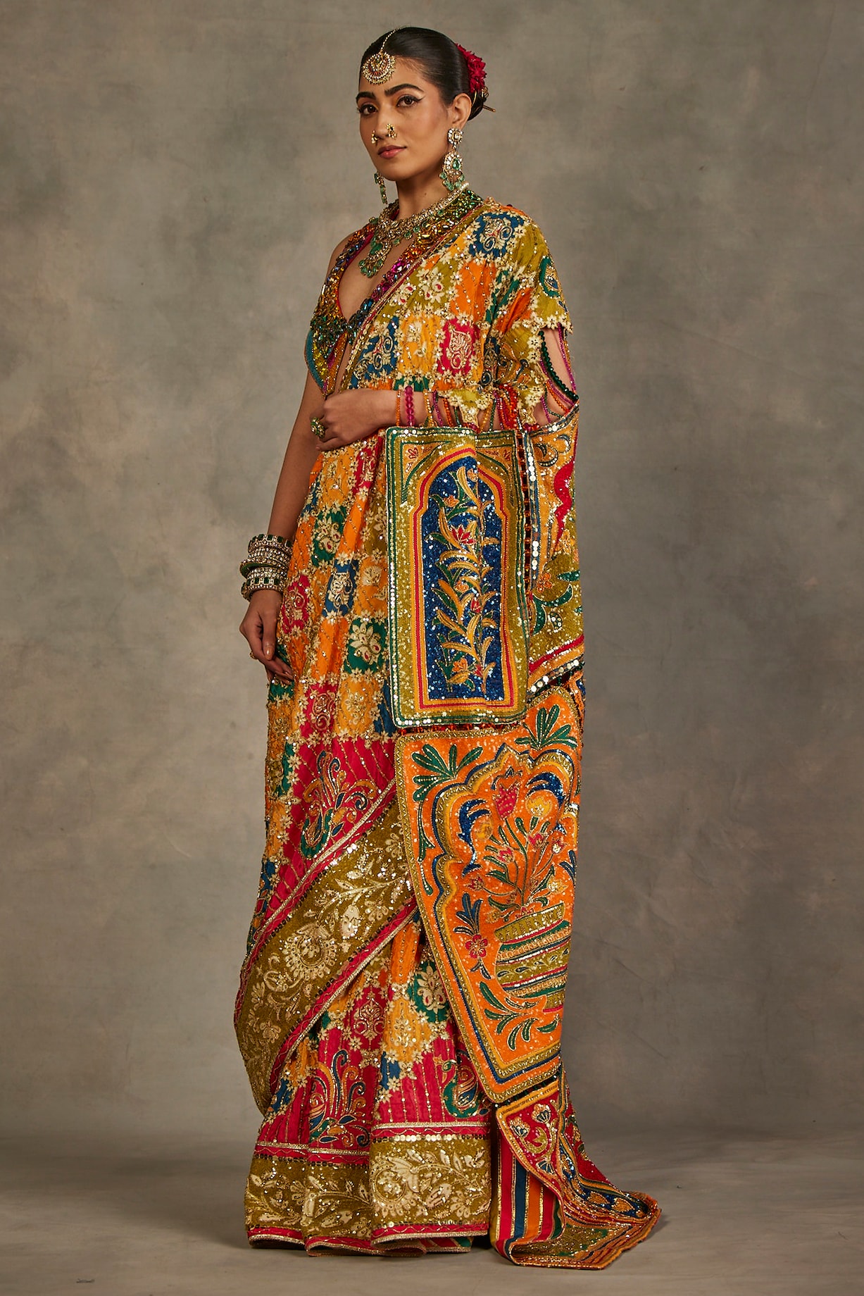 Heavy Partywear Crepe Satin Silk Sequins And Beads Aari Hand Work Ready To Wear Saree main image 1