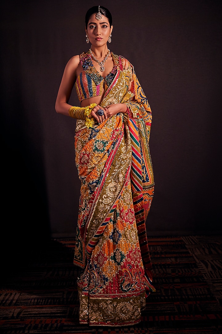 Multi-Colored Crepe Silk Sequins Hand Embroidered Bridal Saree Set by The Royaleum Atelier at Pernia's Pop Up Shop