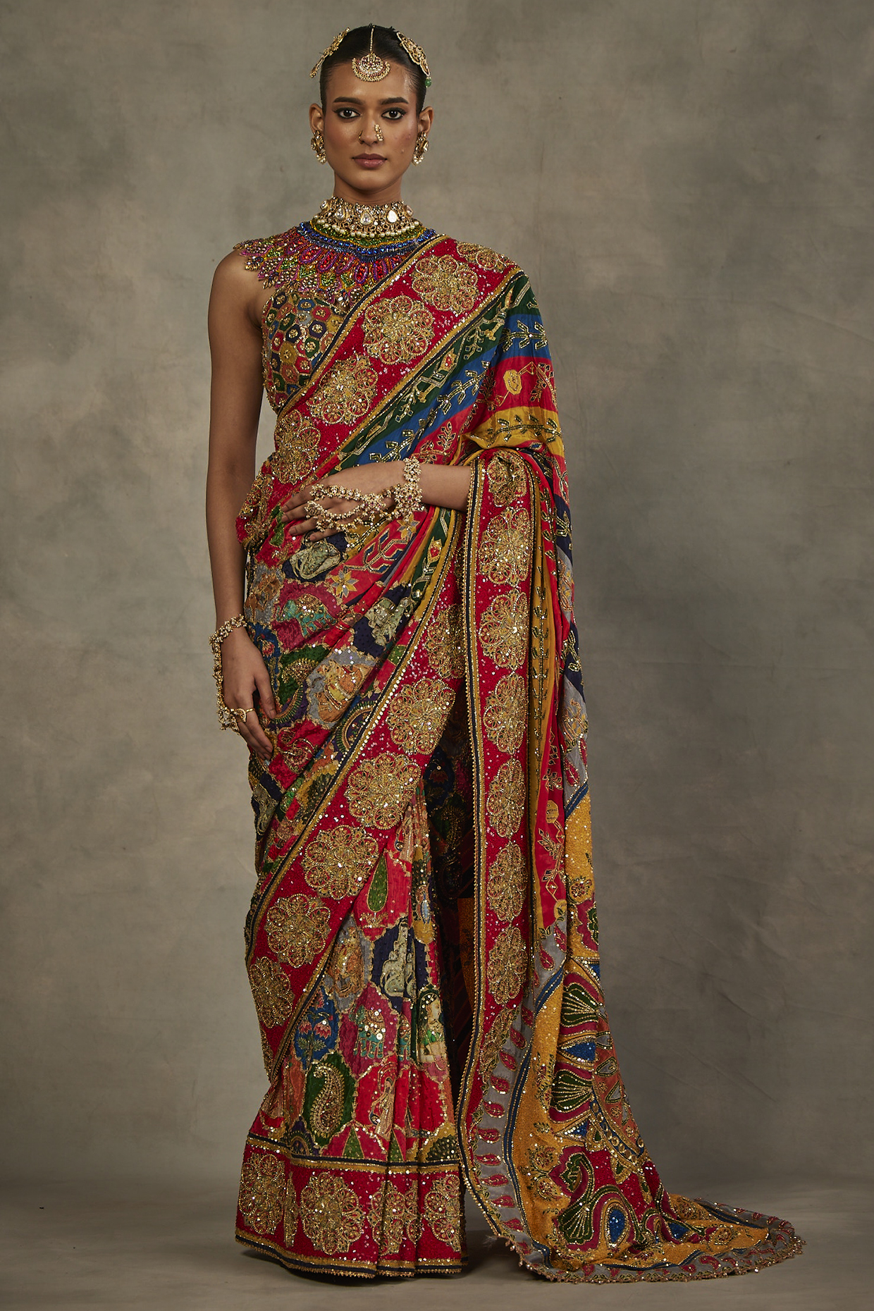 Multi-Colored Crepe Silk Hand Embroidered Reception Saree Set by The Royaleum Atelier at Pernia's Pop Up Shop