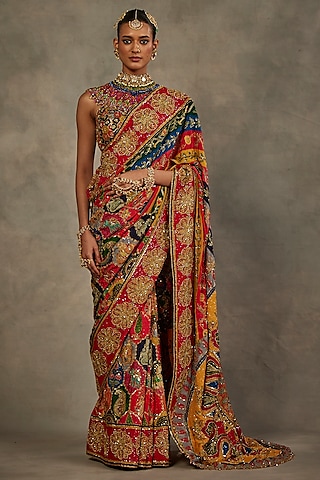 Multi-Colored Crepe Silk Hand Embroidered Saree Set by The Royaleum Atelier