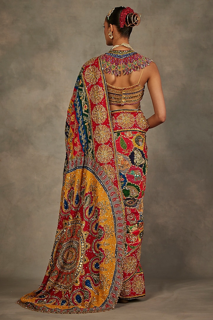 Multi-Colored Crepe Silk Hand Embroidered Bridal Saree Set by The Royaleum Atelier at Pernia's Pop Up Shop