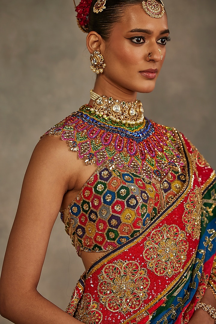 Multi-Colored Crepe Silk Hand Embroidered Bridal Saree Set by The Royaleum Atelier at Pernia's Pop Up Shop