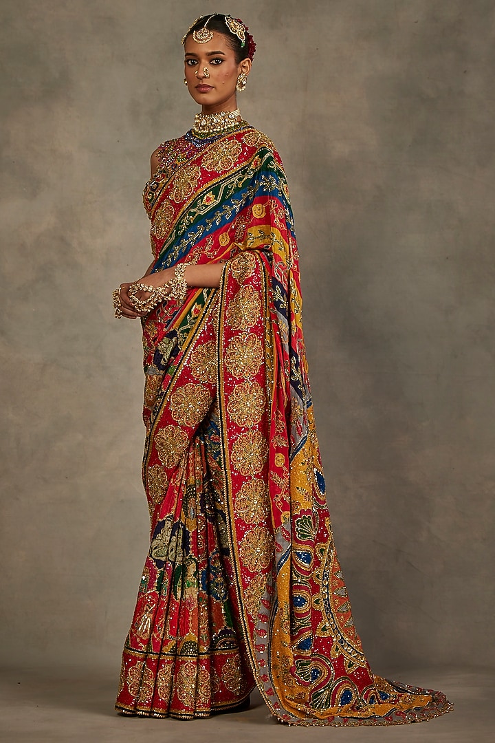 Multi-Colored Crepe Silk Hand Embroidered Bridal Saree Set by The Royaleum Atelier at Pernia's Pop Up Shop