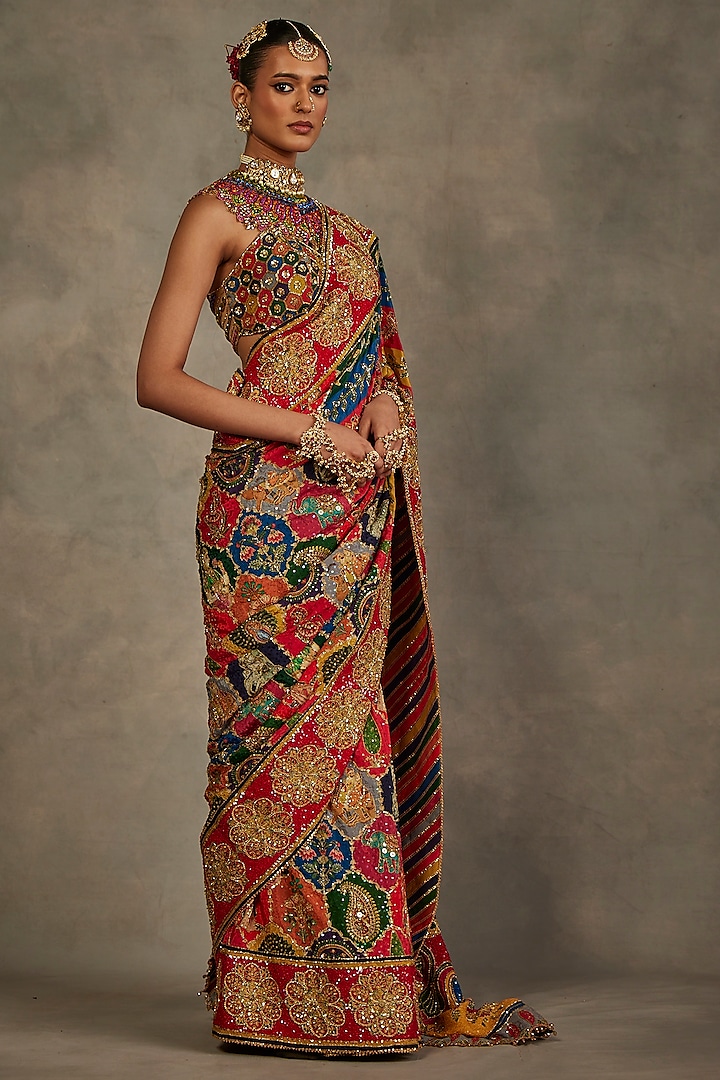 Multi-Colored Crepe Silk Hand Embroidered Bridal Saree Set by The Royaleum Atelier at Pernia's Pop Up Shop