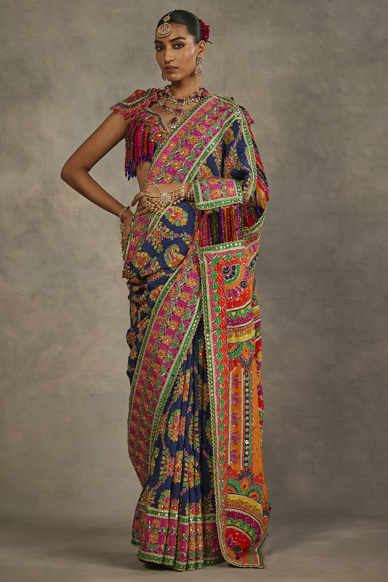 Multi-Colored Crepe Silk Hand Embroidered Saree Set by The Royaleum Atelier at Pernia's Pop Up Shop