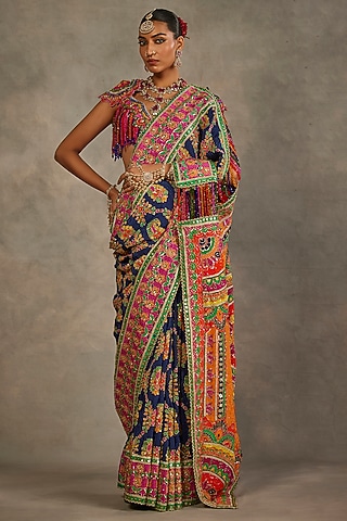 Multi-Colored Crepe Silk Hand Embroidered Saree Set by The Royaleum Atelier