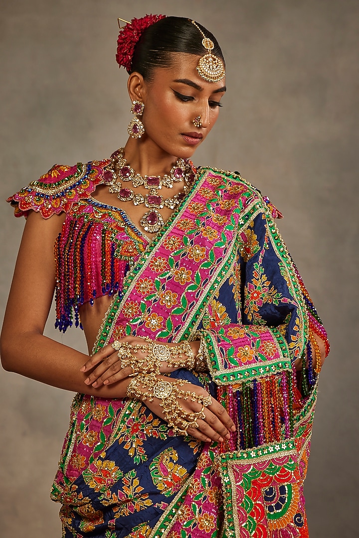 Multi-Colored Crepe Silk Hand Embroidered Bridal Saree Set by The Royaleum Atelier at Pernia's Pop Up Shop