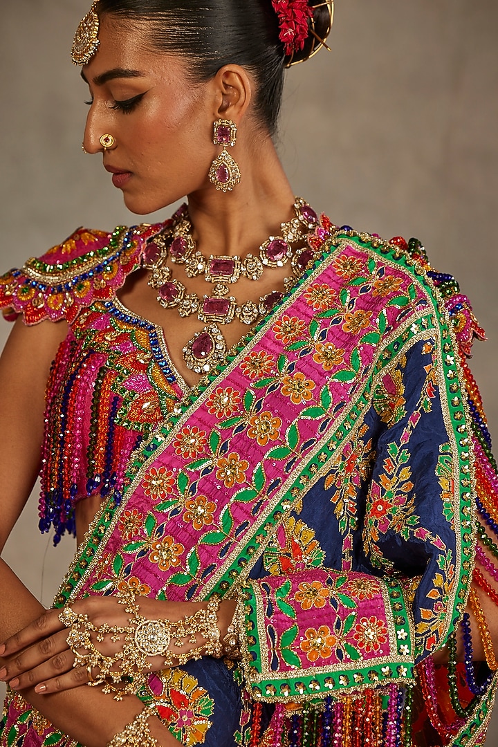 Multi-Colored Crepe Silk Hand Embroidered Bridal Saree Set by The Royaleum Atelier at Pernia's Pop Up Shop