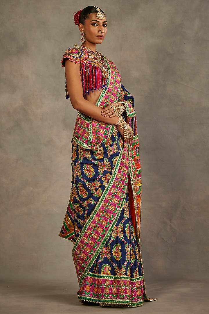 Multi-Colored Crepe Silk Hand Embroidered Bridal Saree Set by The Royaleum Atelier at Pernia's Pop Up Shop