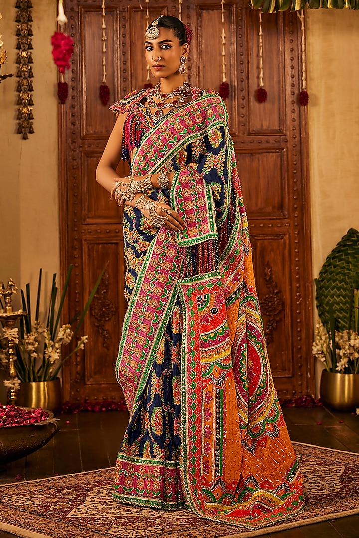Multi-Colored Crepe Silk Hand Embroidered Bridal Saree Set by The Royaleum Atelier at Pernia's Pop Up Shop