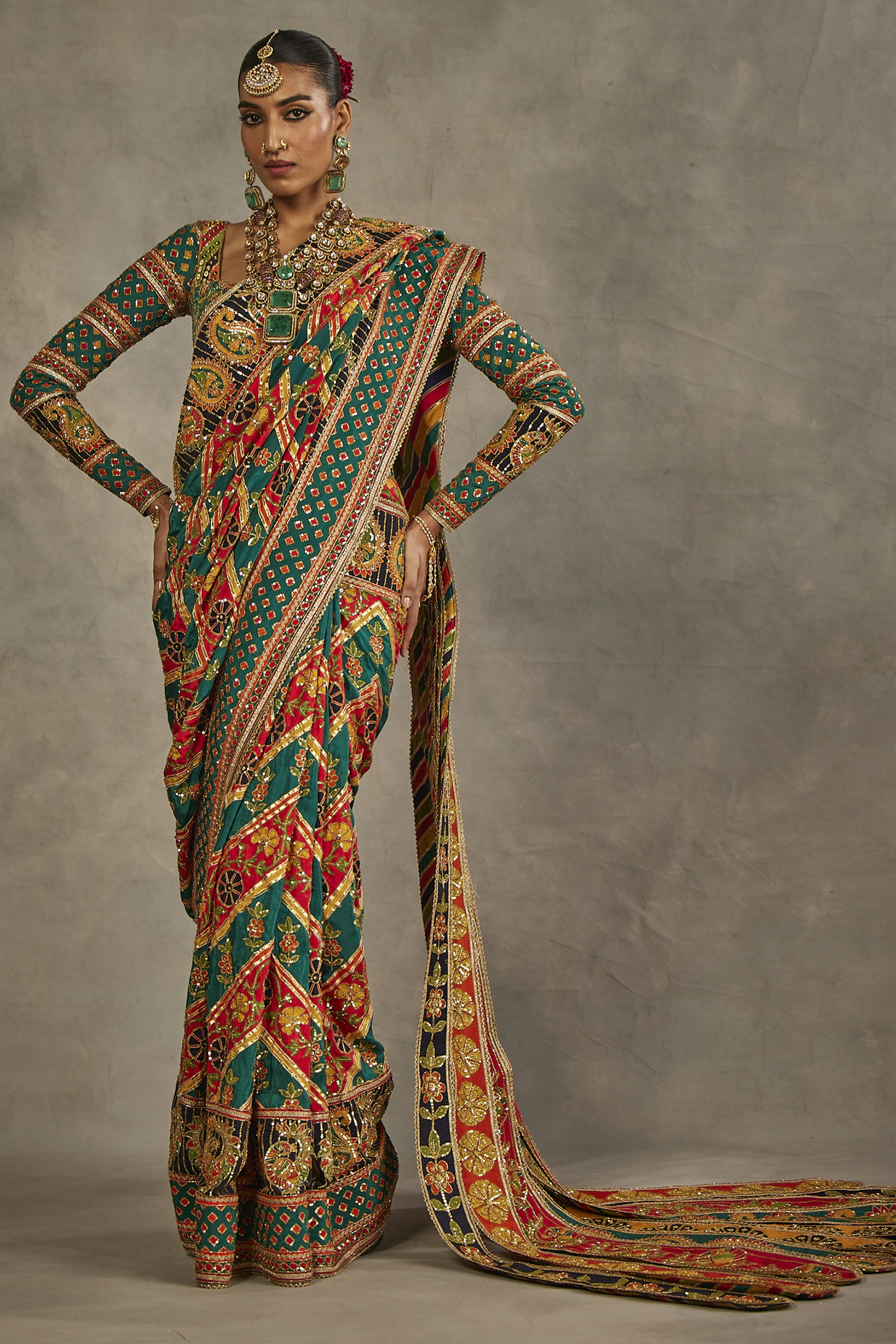 Multi-Colored Crepe Silk Hand Embroidered Saree Set by The Royaleum Atelier at Pernia's Pop Up Shop