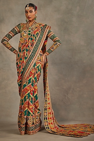 Multi-Colored Crepe Silk Hand Embroidered Saree Set by The Royaleum Atelier