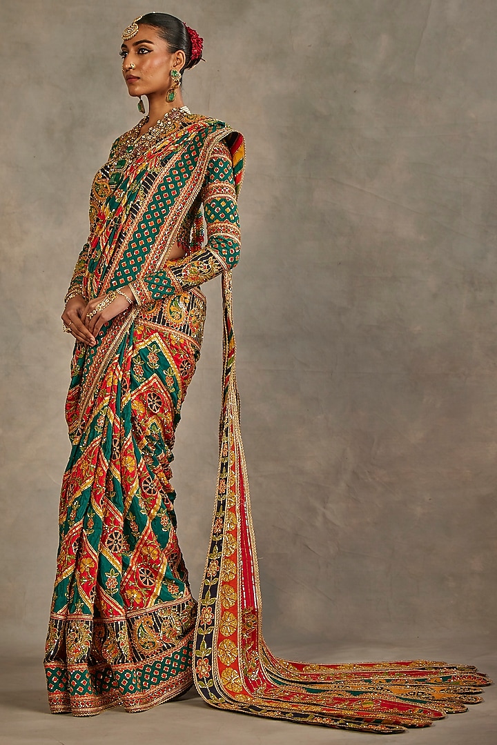 Multi-Colored Crepe Silk Hand Embroidered Bridal Saree Set by The Royaleum Atelier at Pernia's Pop Up Shop