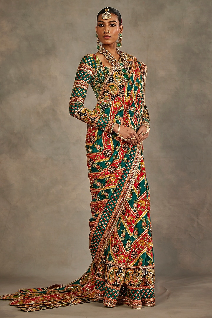 Multi-Colored Crepe Silk Hand Embroidered Bridal Saree Set by The Royaleum Atelier at Pernia's Pop Up Shop