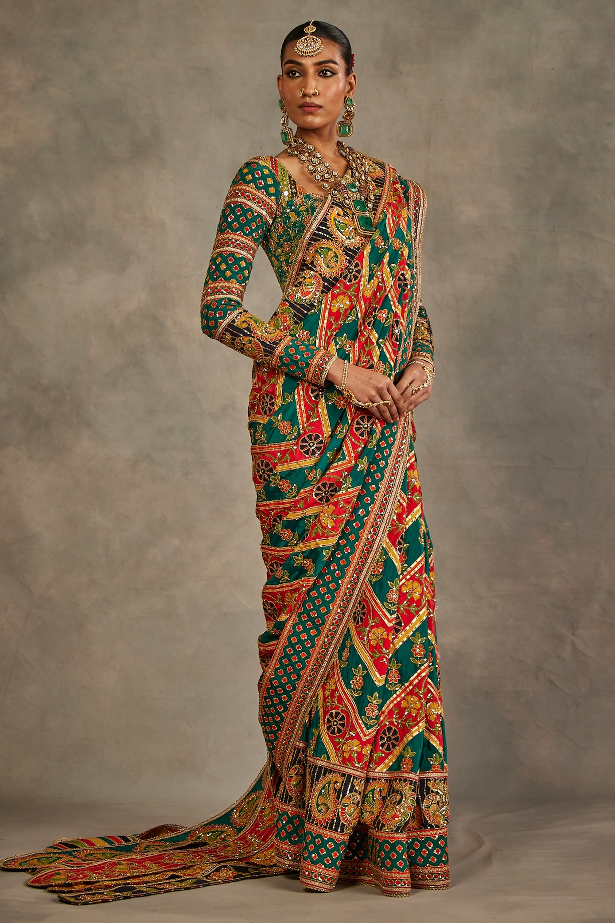 Deep red crepe Silk Hand Embroidered Saree Set