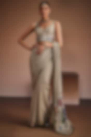 Beige Silk Floral & Checkered Printed Wedding Saree Set by The Royaleum Atelier at Pernia's Pop Up Shop